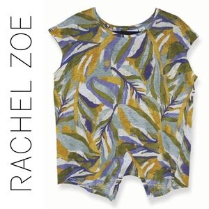 RACHEL ZOE 100% Linen Short Sleeve Multi Color Leaf Blouse, Button Back w/ Vent